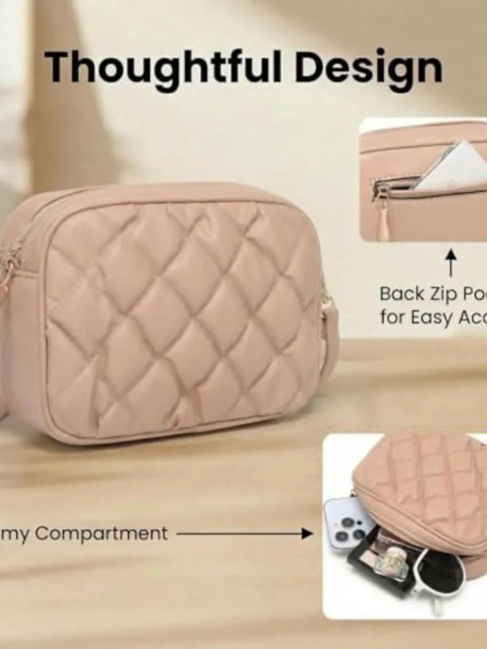 Quilted Faux Leather Crossbody Bag with Adjustable Strap and Zip Pockets